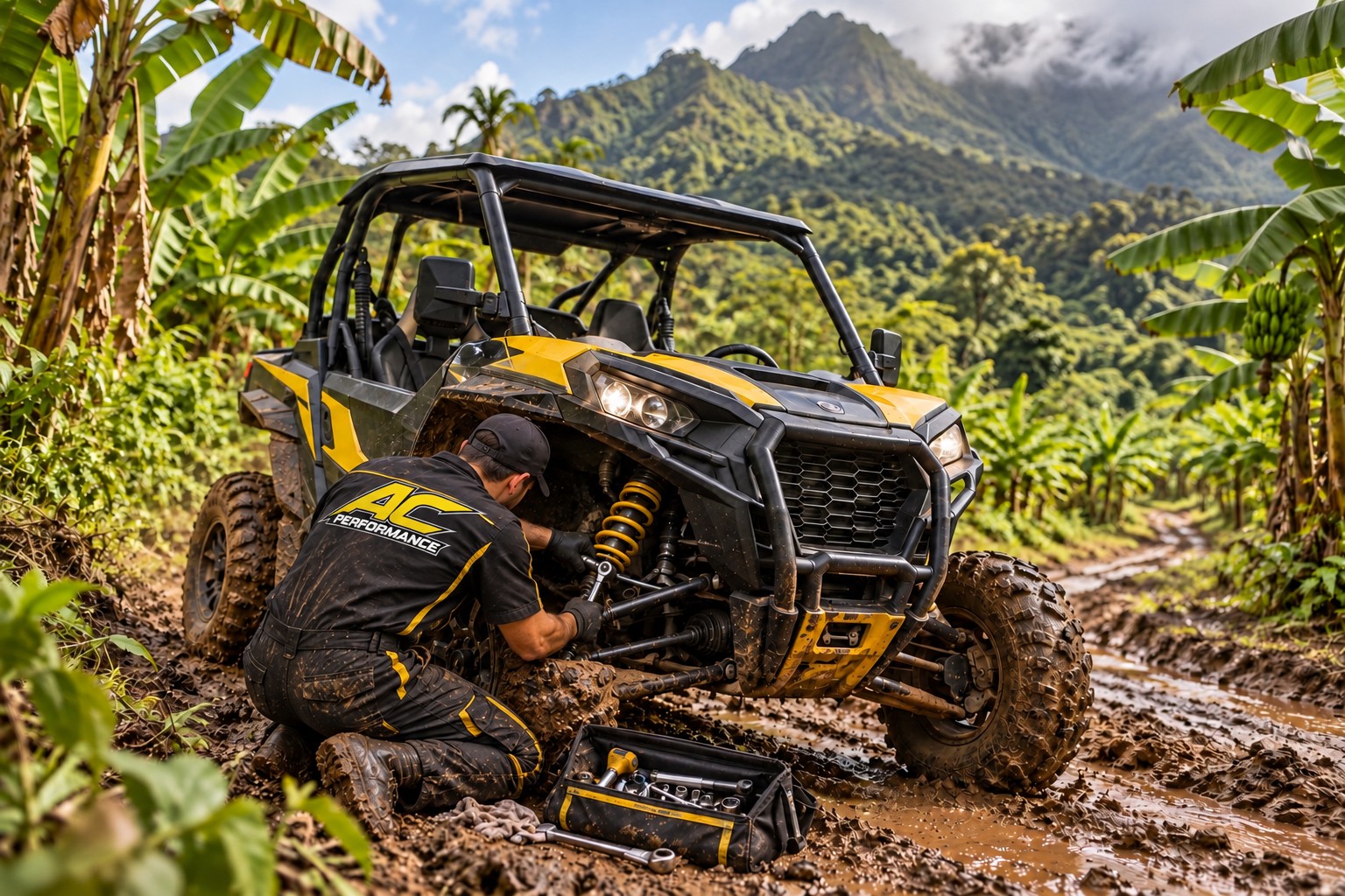 Visuel illustratif : mécanicien intervenant sur un buggy dans une plantation.
