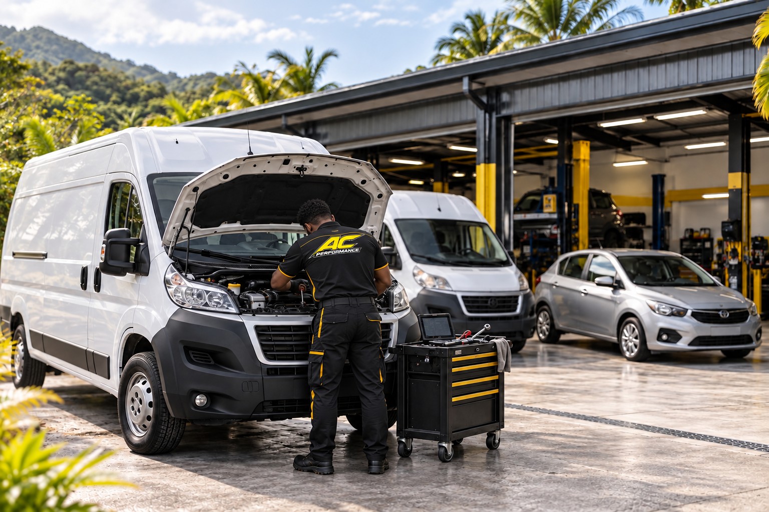 Visuel illustratif : mécanicien travaillant sous le capot d’un utilitaire.