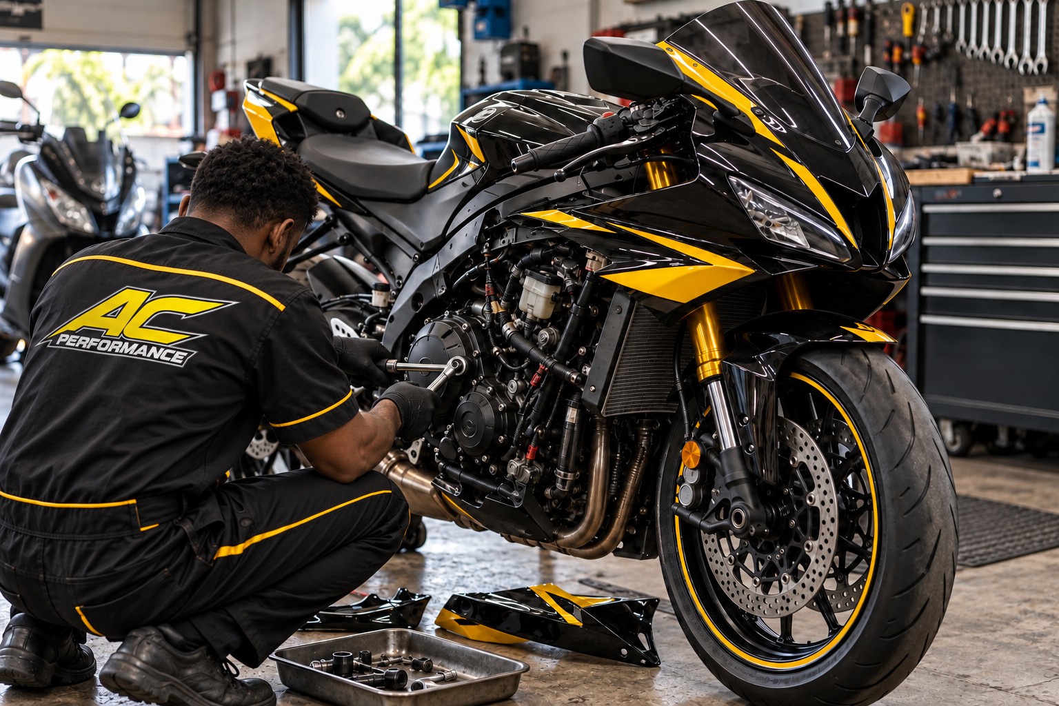 Visuel illustratif : mécanicien intervenant sur le moteur d’une moto.