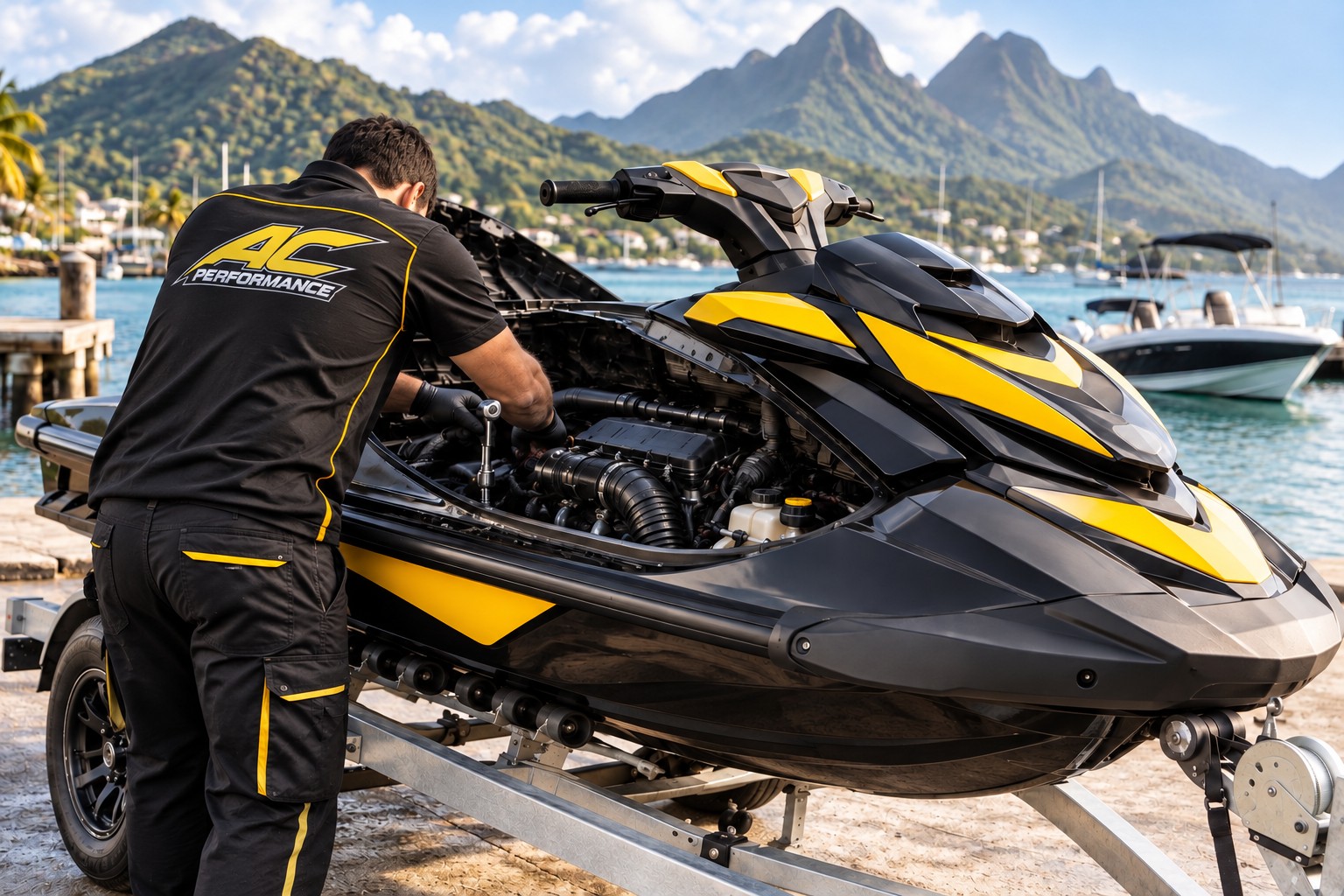 Visuel illustratif : mécanicien entretenant le moteur d’un jet-ski.